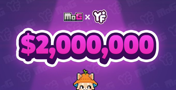 A purple promotional graphic featuring the MoG and YF logos at the top, with bold pink "$2,000,000" text and a small pixel-art character below, illustrating the milestone of $2 million spent during Deed season.