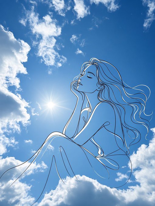 A line-art illustration of a female figure with flowing hair sits serenely against a bright blue sky with scattered clouds and a shining sun.