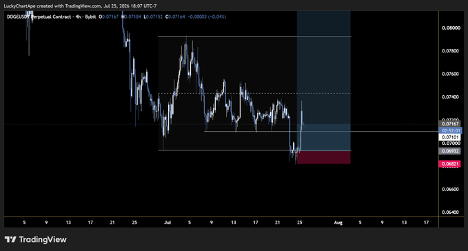 A TradingView 4-hour chart for DOGE/USDT Perpetual Contract on Binance, dated July 25, 2026, shows the price at 0.07164 with a notable consolidation range and a highlighted area near 0.04853, supporting the post's claim about Dogecoin's price action.