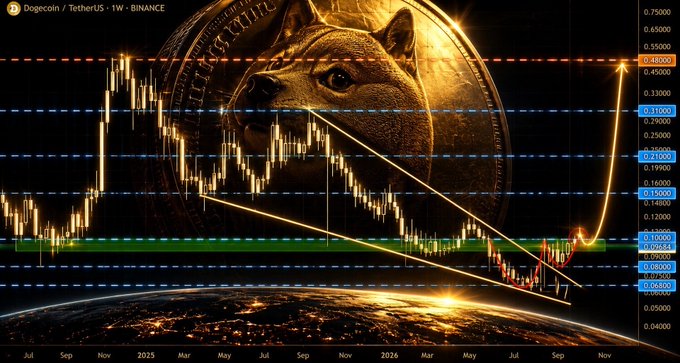 A Dogecoin/TetherUS (DOGE/USDT) weekly chart from Binance featuring a background image of a Shiba Inu dog inside a gold coin, displaying an upward trending price action and technical analysis lines.