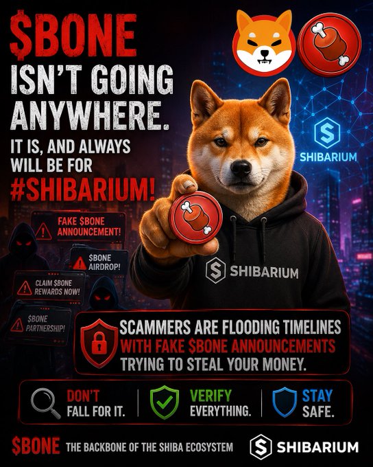 A Shibarium promotional graphic warning users about scammers, with a Shiba Inu dog in a Shibarium hoodie holding a token, stating '$BONE ISN'T GOING ANYWHERE. IT IS, AND ALWAYS WILL BE FOR #SHIBARIUM!' and cautioning that scammers are flooding timelines with fake $BONE announcements.