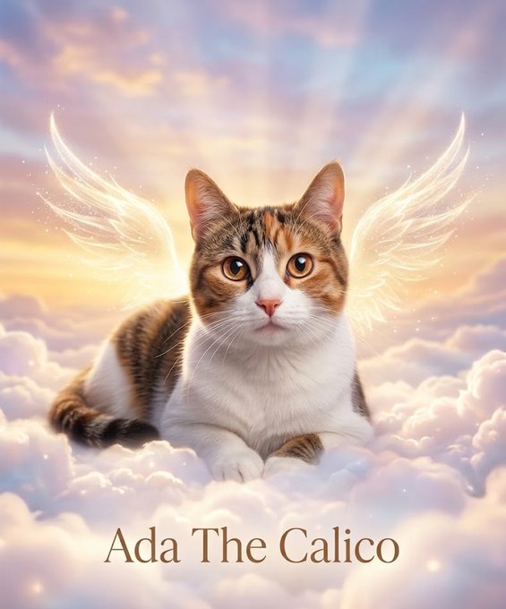 The image features an adorable cat with wings, sitting on clouds. The text "Ada The Calico" is written below the cat's picture. The caption reads, "I'm going to build a community on @CoinComms @Pumpfun and hopefully we'll take Ada to the top."