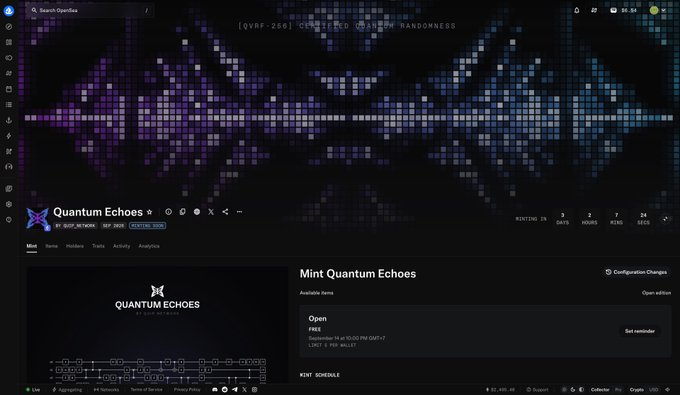 A screenshot of the OpenSea NFT marketplace showing the 'Quantum Echoes' collection, a QVRF-256 Certified Randomness generative art piece currently open for minting.