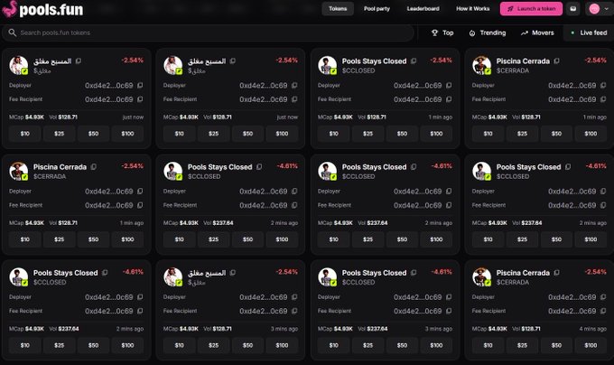 Screenshot of pools.fun website showing a dashboard with multiple token entries, mostly labeled 'Pools Stays Closed' and 'Piscina Cerrada' (Spanish for 'Pool Closed'), displaying market caps around $4.93K-$4.94K with fees paid of $128-$237.