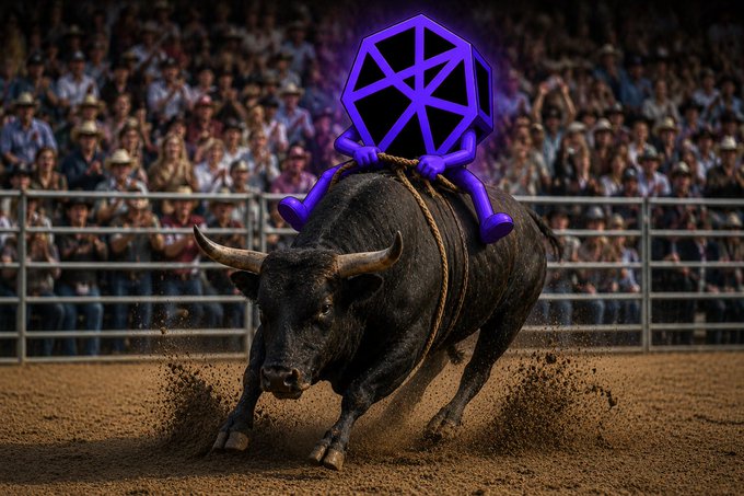A surreal composite image shows a cartoon purple icosahedron character riding a bucking black bull in a rodeo arena surrounded by a crowd of spectators.