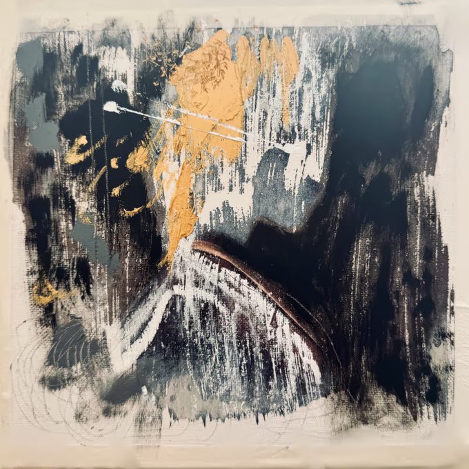 An abstract mixed-media artwork featuring bold black and gray brushstrokes accented with a striking golden-orange gestural form, with no visible text or numbers. The piece's dramatic interplay of dark and gilded tones visually echoes the post's reference to "The Gilded Age," reflecting the era's contrast between opulence and shadow.