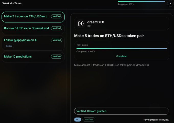 A task completion screen for 'Week 4 - Tasks' showing 100% progress, with the task 'Make 5 trades on ETH/USDso token pair' on dreamDEX marked as completed and verified.