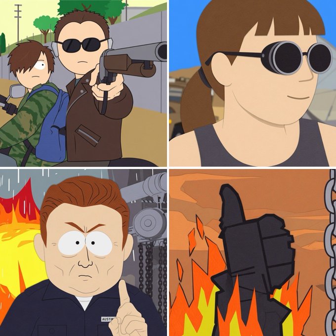 A four-panel collage of animated characters styled like South Park, featuring figures in sunglasses wielding firearms, a stern man with an "AUSTIN" name tag pointing upward, and a silhouetted figure in flames. The post links to a Twitter/X profile, likely sharing this stylized artwork as part of a meme or parody content.