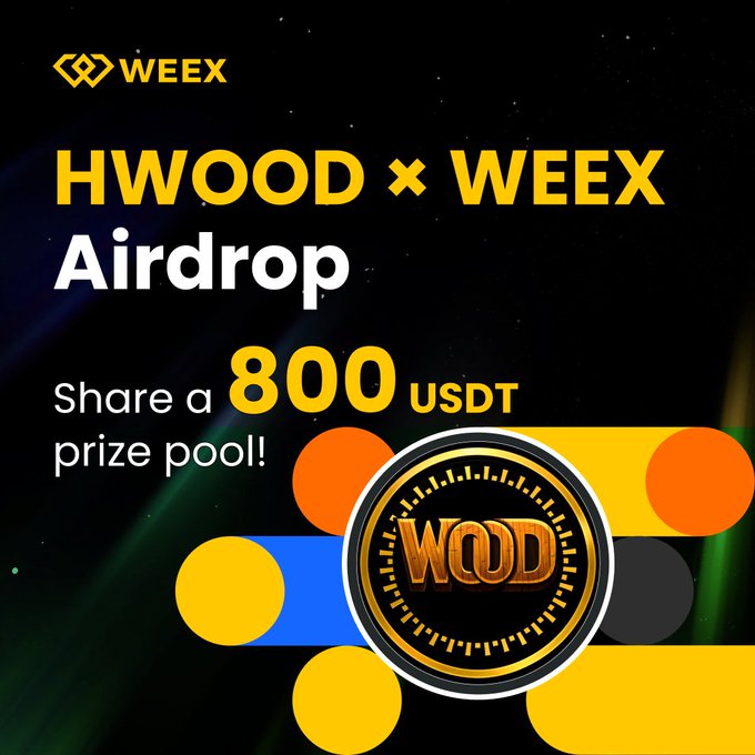 Promotional graphic for the "HWOOD x WEEX Airdrop" featuring the WEEEX logo and an 800 USDT prize pool, visually reinforcing the campaign's crypto giveaway event with $HWOOD token imagery.