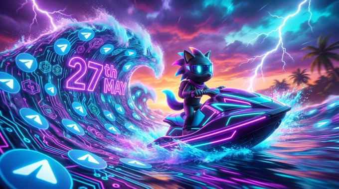 The image features a cartoon character riding a jet ski, which appears to be a robot or an animated animal. The background of the image shows a wave crashing against the shoreline with a stormy sky above. There are also some text elements present in the image that read "27th May" and "Afternoon OGs".
