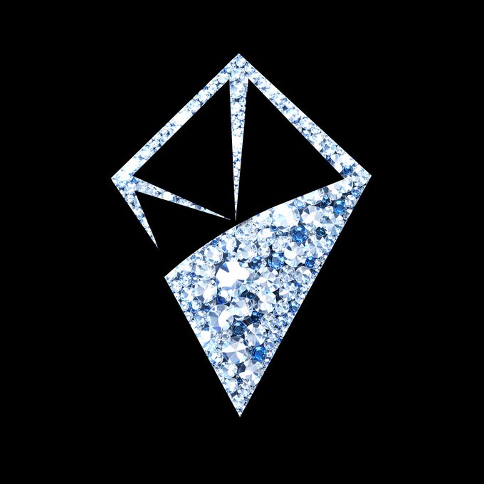 A glittering diamond-encrusted geometric logo or pendant, featuring a triangular design with light blue stones set against a black background.