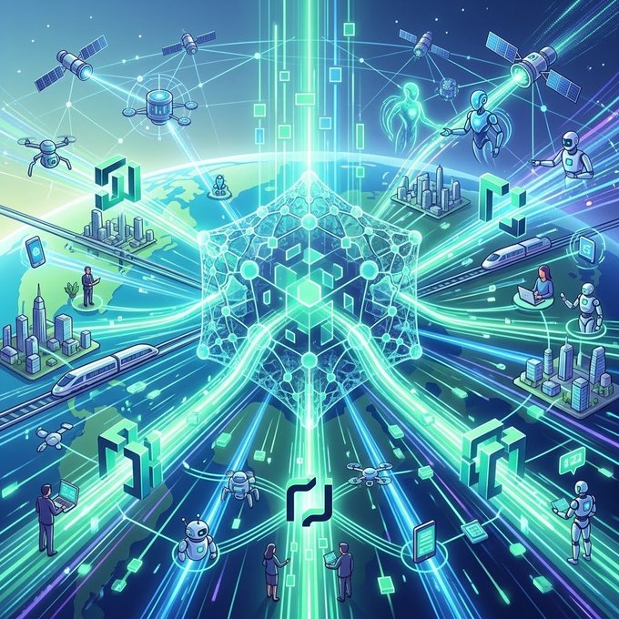 A futuristic digital illustration showing a glowing blockchain-style cube at the center, connected by light beams to satellites, drones, cities, high-speed trains, androids, and humans, symbolizing an interconnected tech and crypto network.