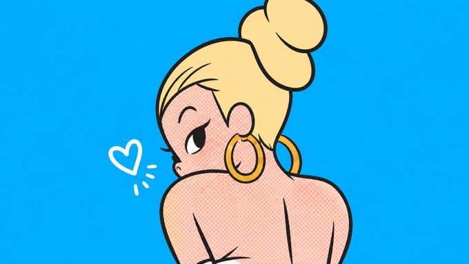A stylized pop-art illustration of a woman with blonde hair in a high bun, large gold hoop earrings, and a pink top looking over her shoulder, blowing a white heart kiss against a solid blue background.
