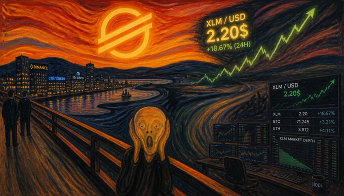 In this painting depicting a surreal scene at an island, there are two people standing near the water, with one of them being a clown-like figure. A financial graph with various lines representing different stock prices is prominently displayed above the pair, seemingly floating in front of them. The painting also includes other text that reads "XLM" and "USDC". The colors used in this artwork are predominantly blue and orange.