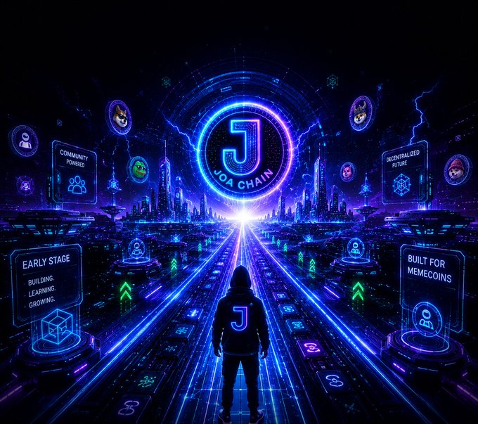 A vibrant cyberpunk digital artwork depicts a hooded figure facing a glowing 'J JOACHAIN' logo, surrounded by floating holographic panels reading 'COMMUNITY POWERED', 'DECENTRALIZED FUTURE', 'EARLY STAGE BUILDING. LEARNING. GROWING.', and 'BUILT FOR MEMECOINS'.