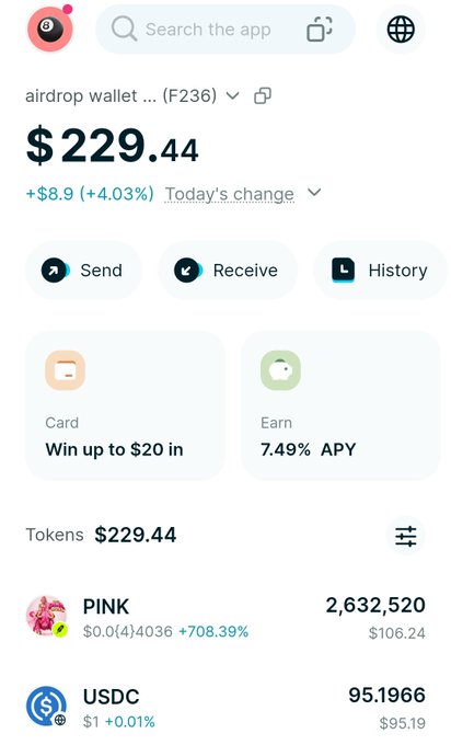 A cryptocurrency wallet app screenshot showing a total balance of $229.44 (+4.03%), with a prominent 'PINK' token holding showing 2,632,520 tokens (+708.39%) valued at $106.24, alongside USDC holdings.