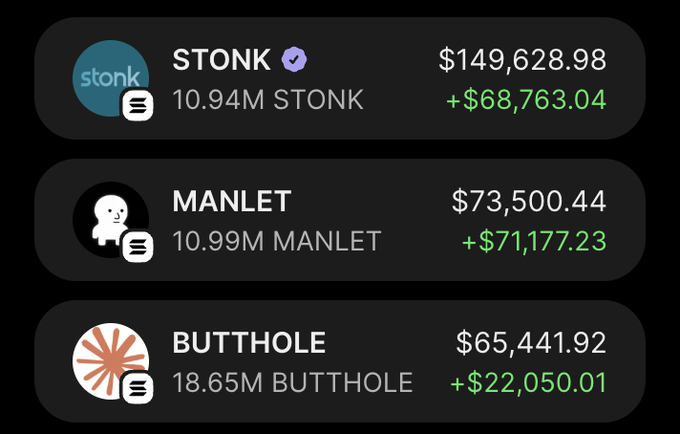 The image displays a cryptocurrency portfolio showing three holdings: STONK at $149,628.98 (+$68,763.04), MANLET at $73,500.44 (+$71,177.23), and BUTTHOLE at $65,441.92 (+$22,050.01), all showing gains in green. The post is offering a $15 giveaway in exchange for engagement (likes, retweets) and Solana wallet addresses, likely using these memecoin portfolio gains to promote the giveaway and attract crypto traders.