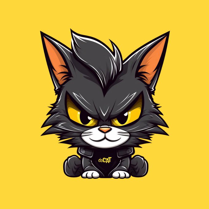 The image features a cartoon cat with an angry expression, sitting against a yellow background. The cat has a black collar around its neck and appears to be wearing a bandana or hat. The caption of the image reads "GM to daCommunity. Welcome to a new month. Let's get it!" which is related to the post about cats.