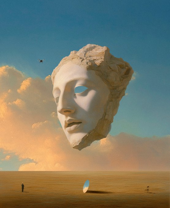 The image features a large white stone head, possibly a statue or a sculpture of a woman's face, floating above an open field with a man standing nearby. The scene also includes a mirage-like effect that appears to be a reflection of the man in the distance. The image is accompanied by a post discussing recurring dreams and their connection to physical objects like the stone head depicted in the picture.
