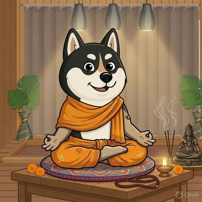 A cartoon illustration created with Grok showing a Shiba Inu dog dressed as a Hindu swami in orange robes, meditating cross-legged on a mandala mat with Om symbols, mala beads, incense, and a small Buddha/Shiva statue beside it.