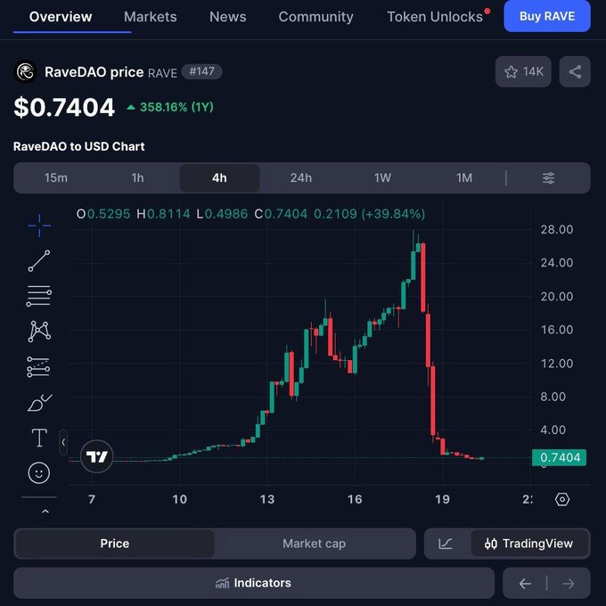 A TradingView chart for RaveDAO token (RAVE) showing a price of $0.7404 with a massive 358.16% 1-year gain, followed by a steep crash from around $28 to under $1.
