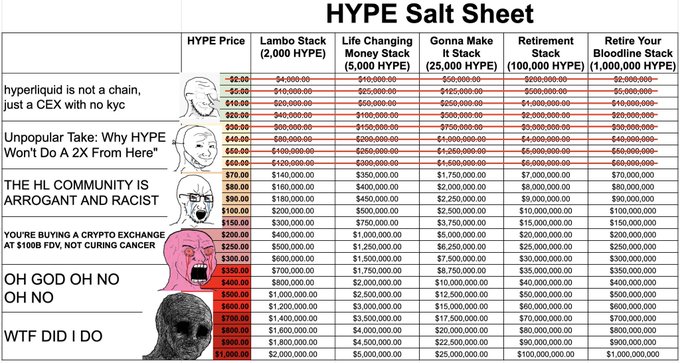A meme 'HYPE Salt Sheet' table showing various HYPE prices from -$2 to $1,000 across different investment strategies (Lambo Stack, Life Changing Money Stack, etc.) paired with increasingly salty Wojak-style reactions.