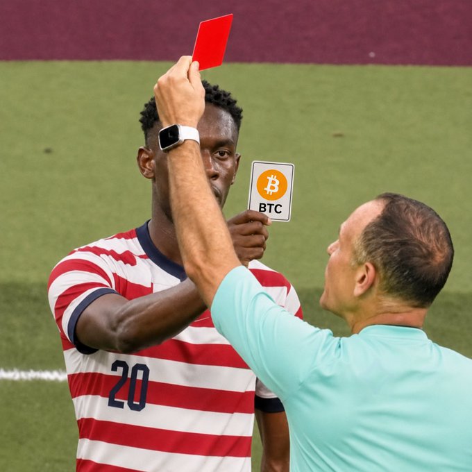 A referee holds up a red card against a player wearing a USA jersey marked "20," while the player brandishes a "BTC" sign in protest—visually echoing the post's quip that "BTC only gets green cards" by humorously demanding only favorable (green) calls for Bitcoin.
