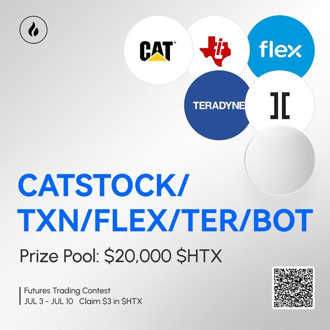 A promotional graphic for a futures trading contest featuring stocks CAT, TXN, FLEX, and TER (along with BOT), showcasing their respective company logos (Caterpillar, Texas Instruments, Flex, and Teradyne) above the contest title "CATSTOCK/TXN/FLEX/TER/BOT" with a $20,000 $HTX prize pool, running from July 3-10 with a $3 claim in $HTX and a QR code for registration.