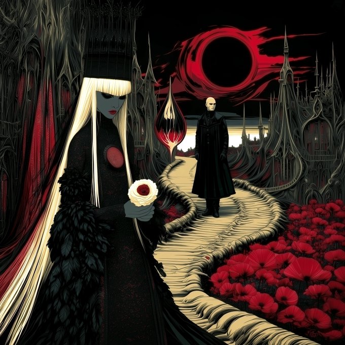 A dark fantasy illustration depicting a pale-haired figure holding a white flower and another masked figure in a black coat walking along a path bordered by red flowers beneath a dark red eclipse.