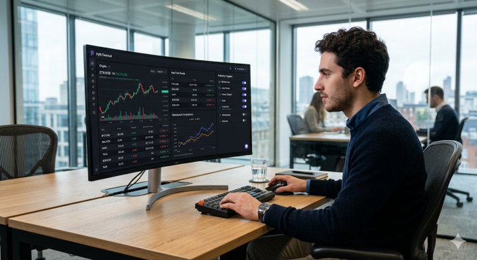 The image shows an office environment with a man sitting at a desk using a computer monitor connected to a keyboard and mouse. He is looking at a screen that displays various market data, indicating his interest in financial information or perhaps he is working as a trader. Several other people are also present in the room, likely participating in different tasks within the office setting. The focus of the image is on the man using the computer monitor to analyze and understand market trends and patterns, thanks to the post he opened that provides live price feeds directly onto his screen for easier interpretation.