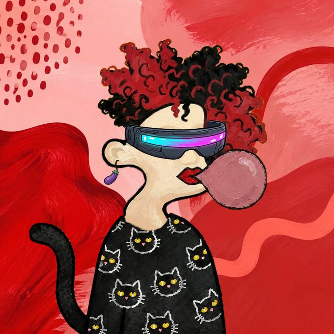 A colorful, surreal illustration of a figure with curly red and black hair wearing VR-style sunglasses, blowing a pink bubblegum bubble, and dressed in a black shirt patterned with cat faces.