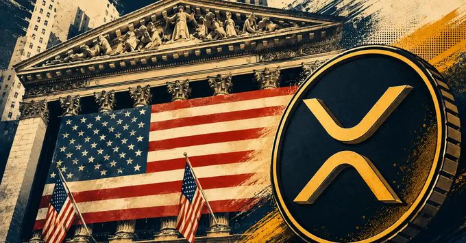 A stylized image depicts a neoclassical U.S. government building with prominent columns and a pediment, draped with a large American flag, alongside a massive 3D-rendered XRP cryptocurrency coin featuring the distinctive "X" logo, visually reinforcing the post's alarming claim that the government may seize XRP holdings similar to the historic 1933 gold confiscation order.