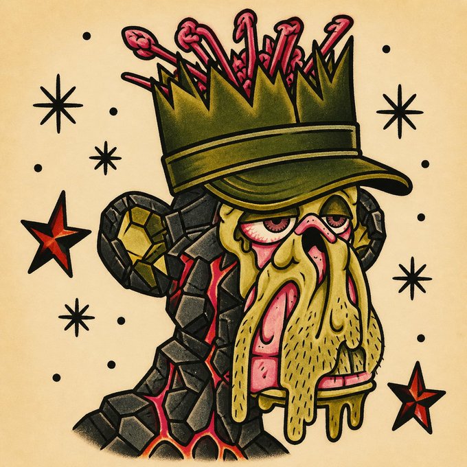 A tattoo-style illustration of a bearded figure with a melting face, stone-like skin, and a crown topped with tentacle-like protrusions, surrounded by stars. The grotesque, surreal imagery complements the cryptic "GM /// g'Mulligan Everyone!" greeting, evoking a bizarre, otherworldly "good morning" vibe.