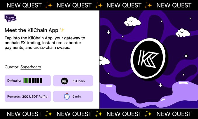 The image features a promotional poster for a new cryptocurrency called KiiChain. The poster contains a graphic design of a purple night sky backdrop, a blue crescent moon, and stars that are floating around it. In the center of this design, there's a small white circle with the letters "IKBC" written on it in black. Below this, there's text that reads: 
"New Quest - New Quest - Meet the KiiChain App", with the phrase "Complete the Ultimate CoinQuest Program". The poster also includes a link to a rewards page for the KiiChain app.