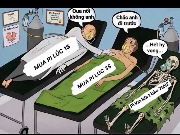 A satirical Vietnamese cartoon depicting patients in a hospital: one with a 'MUA PI LÚC 1$' tag, another with 'MUA PI LÚC 3$', and a skeleton with 'Pi lời lừa bảo 7 tới 2', with a doctor saying 'Qua nổi không anh' and 'Chắc anh đi trước' and a patient saying '...Hết hy vọng...'.