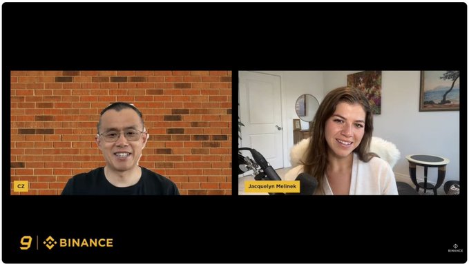 A video call screenshot from Binance's '9' series featuring Changpeng Zhao (CZ) on the left against a brick wall background, and Jacquelyn Melinek on the right in a room with artwork.