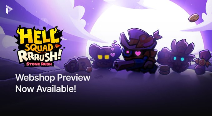 A promotional banner for the "HellSquad Rrrush! Stone Rush" webshop preview features three cute cartoon demon characters against a purple moonlit backdrop, with bold yellow and red logo text and the announcement "Webshop Preview Now Available!" displayed prominently in white. The image visually supports the post's call-to-action about previewing demons, skins, and gear before pre-registration closes.