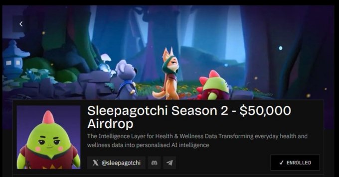 A promotional graphic for "Sleepagotchi Season 2 - $50,000 Airdrop" featuring 3D animated character art and the description "The Intelligence Layer for Health & Wellness Data," with handles @sleepagotchi, Discord, and Telegram, marked as ENROLLED.