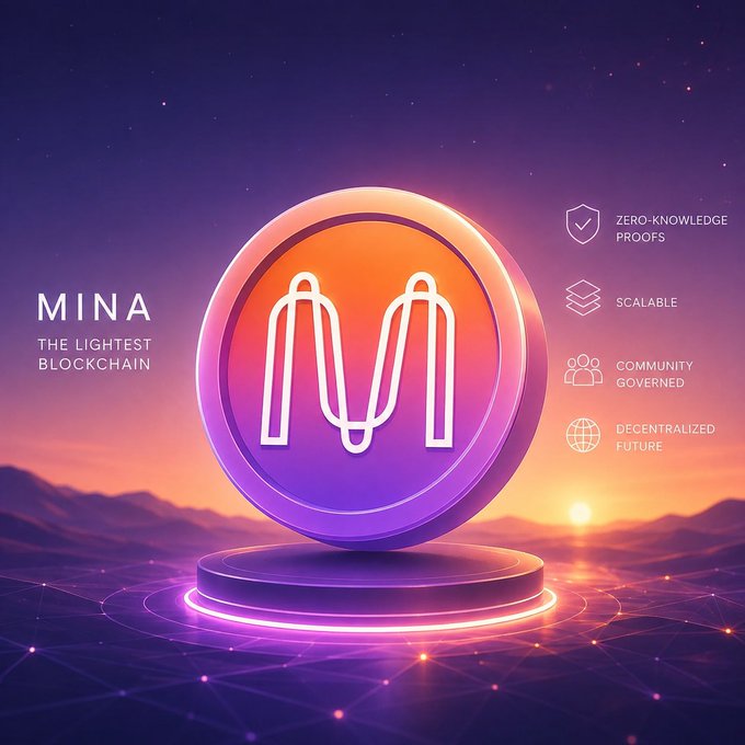 A promotional graphic for 'MINA - THE LIGHTEST BLOCKCHAIN' featuring a glowing circular logo with features listed: Zero-Knowledge Proofs, Scalable, Community Governed, and Decentralized Future.