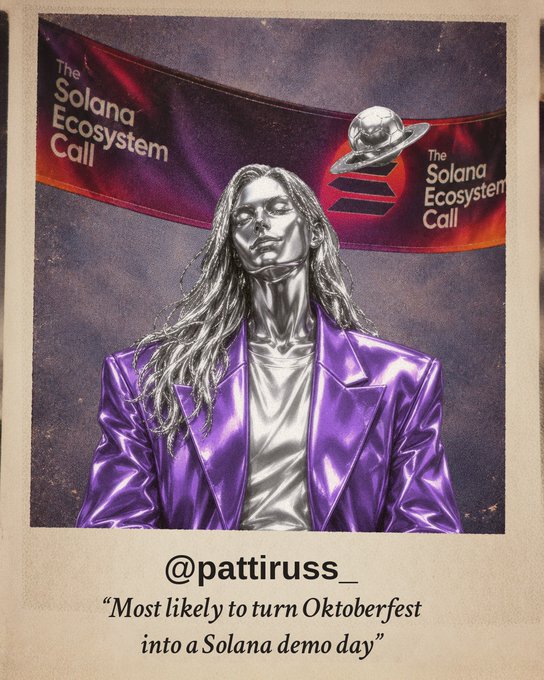A stylized poster featuring a metallic silver figure with long hair in a shiny purple jacket, with text reading "The Solana Ecosystem Call," "@pattiruss_," and the caption "Most likely to turn Oktoberfest into a Solana demo day."