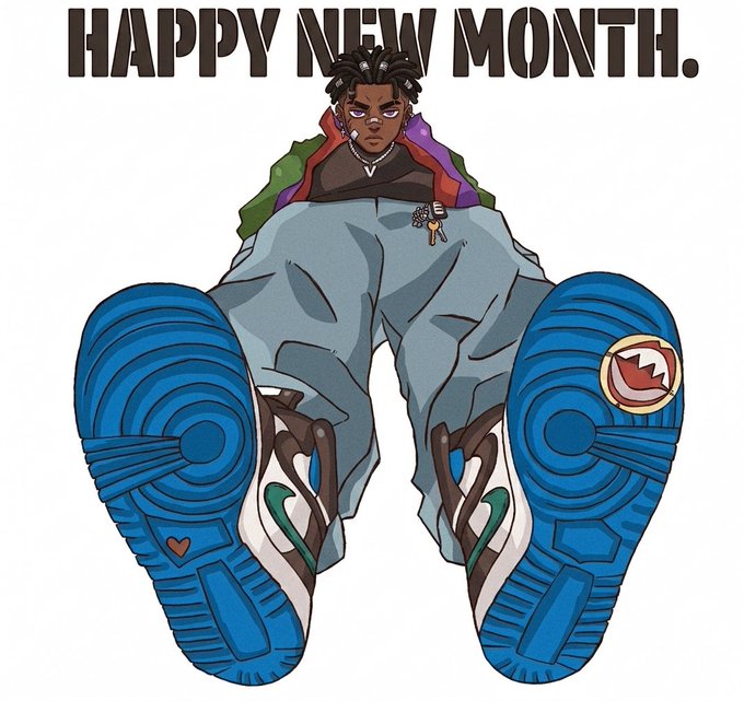 An anime-style illustration of a dark-skinned character with dreadlocks and blue sneakers viewed from behind, with bold text reading 'HAPPY NEW MONTH.'
