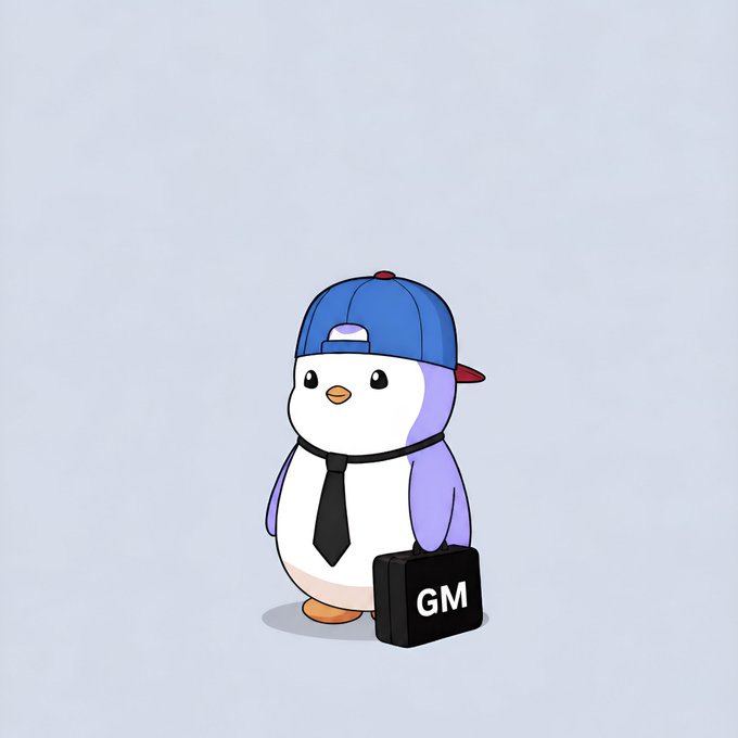 A cartoon penguin character wearing a backwards blue baseball cap and a black tie holds a black briefcase with 'GM' written on it.