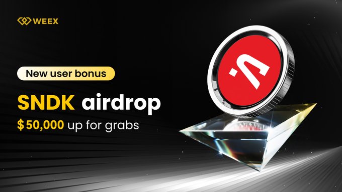 A promotional banner for WEEX featuring a "$SNDK airdrop" new user bonus offering "$50,000 up for grabs," alongside a 3D rendered red coin displaying the SNDK logo resting on a glass prism, matching the accompanying post about a $SNDK airdrop event with zero-fee trading rewards.
