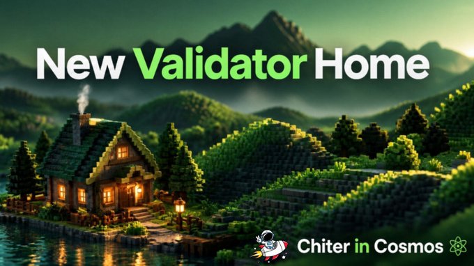 A YouTube thumbnail titled 'New Validator Home' showing a cozy cottage by a lake in a stylized landscape, with 'Chiter in Cosmos' branding and an astronaut logo.