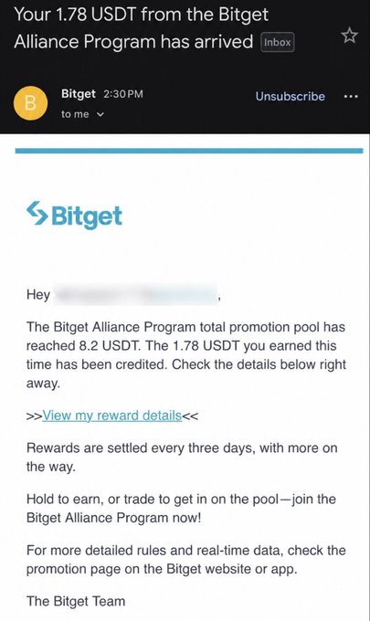 A Bitget email notification stating 'Your 1.78 USDT from the Bitget Alliance Program has arrived,' informing the user that 1.78 USDT has been credited from a total promotion pool of 8.2 USDT.