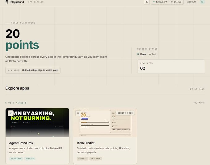 Rialo Playground app catalog showing 20 points balance and apps like Agent Grand Prix and Rialo Predict.