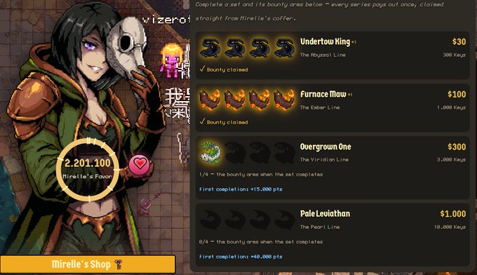 A pixel-art shop interface for 'Mireille's Shop' showing bounty sets like 'Undertow King' ($30) and 'Pala Leviathan' ($1,000) with a currency count of 2,201,100.
