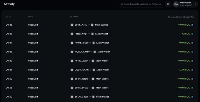 A screenshot of a wallet activity log showing multiple "Received" transactions to "Main Wallet," including two notable large transactions of 2 SOL and 0.46 SOL from senders "FNdu...VKjH" and "DEE4...DAs5," alongside many smaller 0.01 SOL transfers. The image illustrates the post's claim about two "legends" making significant SOL donations that earned them high-ranking spots on somethingridiculous.fun.
