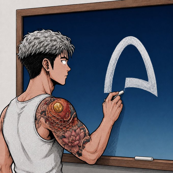 An anime-style illustration shows a muscular man with silver hair and a detailed rose and koi fish tattoo on his arm, writing the letter "A" on a chalkboard with white chalk.