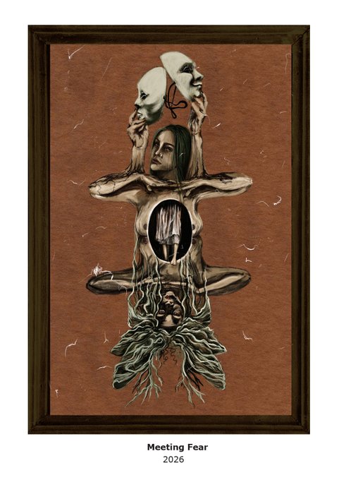 A framed surreal artwork titled 'Meeting Fear 2026' featuring a human figure merging with masks, disembodied limbs, and tree roots on a brown background.